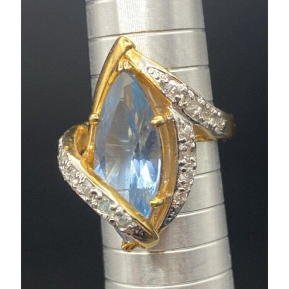 Signed Cocktail Ring EBCO Marquise 3+ Ct Blue Topaz & CZ 18K HGE Gold Size 8.25 - Picture 3 of 16